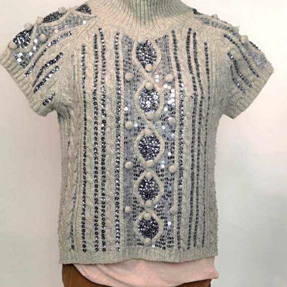 Y2k Vintage Light Grey Pewter Sequins Cable Knit Cap Sleeve Pullover Sweater - Picture 13 of 14